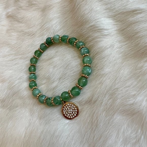 BOho Stretch Bracelet Green Swirl Semi Translucent Lucite Rhinestone Charm 13428 - Picture 7 of 9